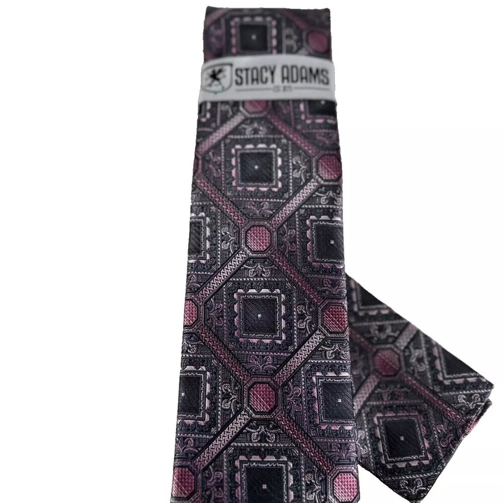 Stacy Adams Men's Tie Hanky Pink Black Charcoal Gray Diamond Handmade 3.25" Wide